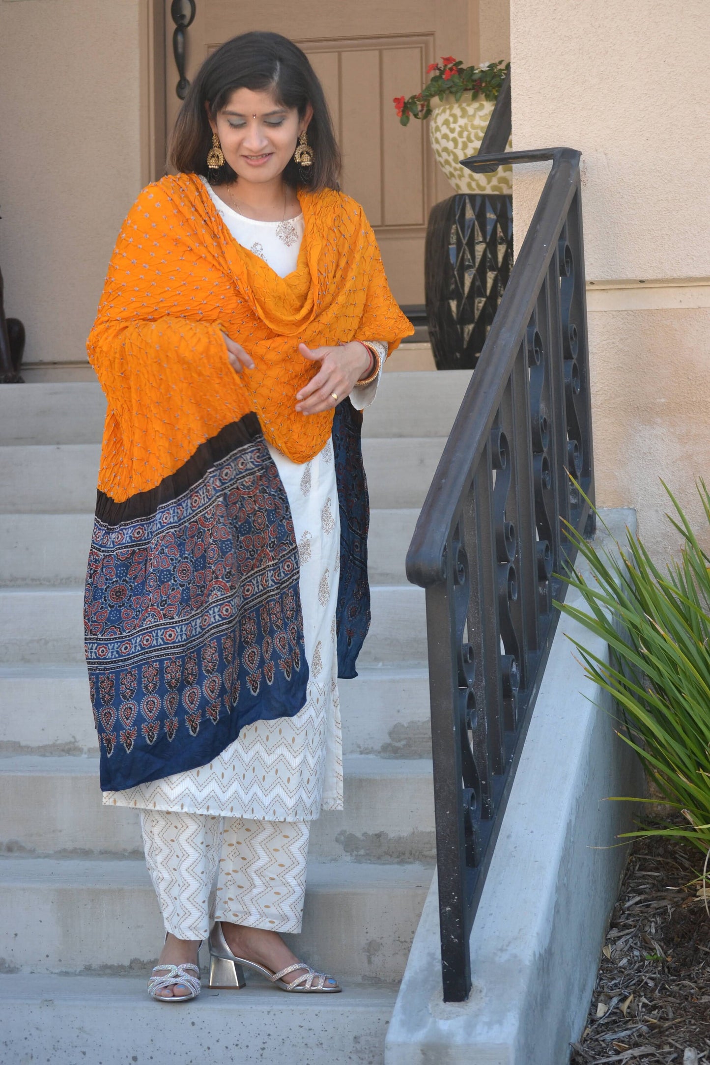 Modal silk dupatta with bandhani and Ajrakh - Vibha By Veena