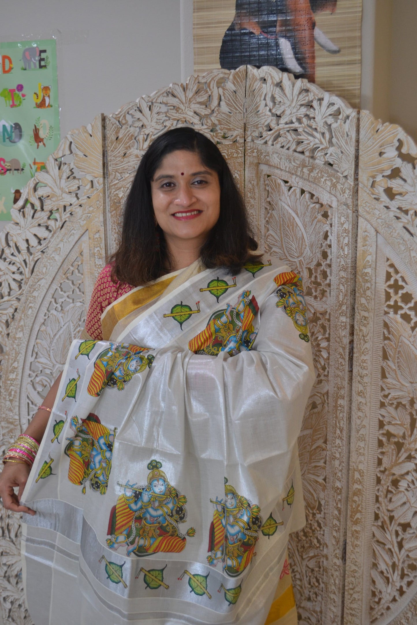 Kerala silver tissue saree with Sri Krishna prints from Balaramapuram - Vibha By Veena