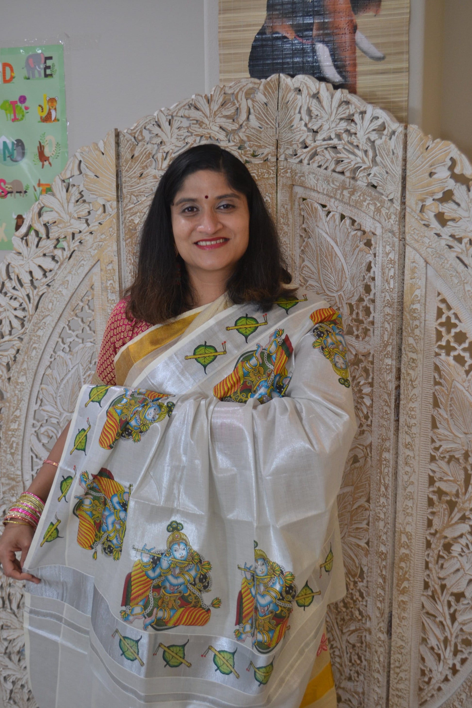 Kerala silver tissue saree with Sri Krishna prints from Balaramapuram - Vibha By Veena
