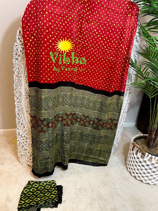 Modal Silk Bandhani Saree with Ajrakh prints on the pallu | modal silk saree| bandhani saree | ajrakh saree | handblock printed saree - Vibha By Veena