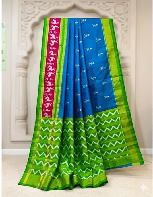 Heirloom Double Ikkat Silk: Handwoven Pochampally Saree with Stag and Geometric Motifs - Vibha By Veena