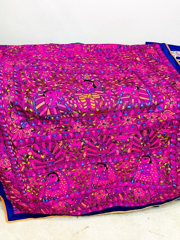 Madhubani saree - handpainted saree with Radha and Kanha and dancing peacocks with open feathers on the pallu - Vibha By Veena