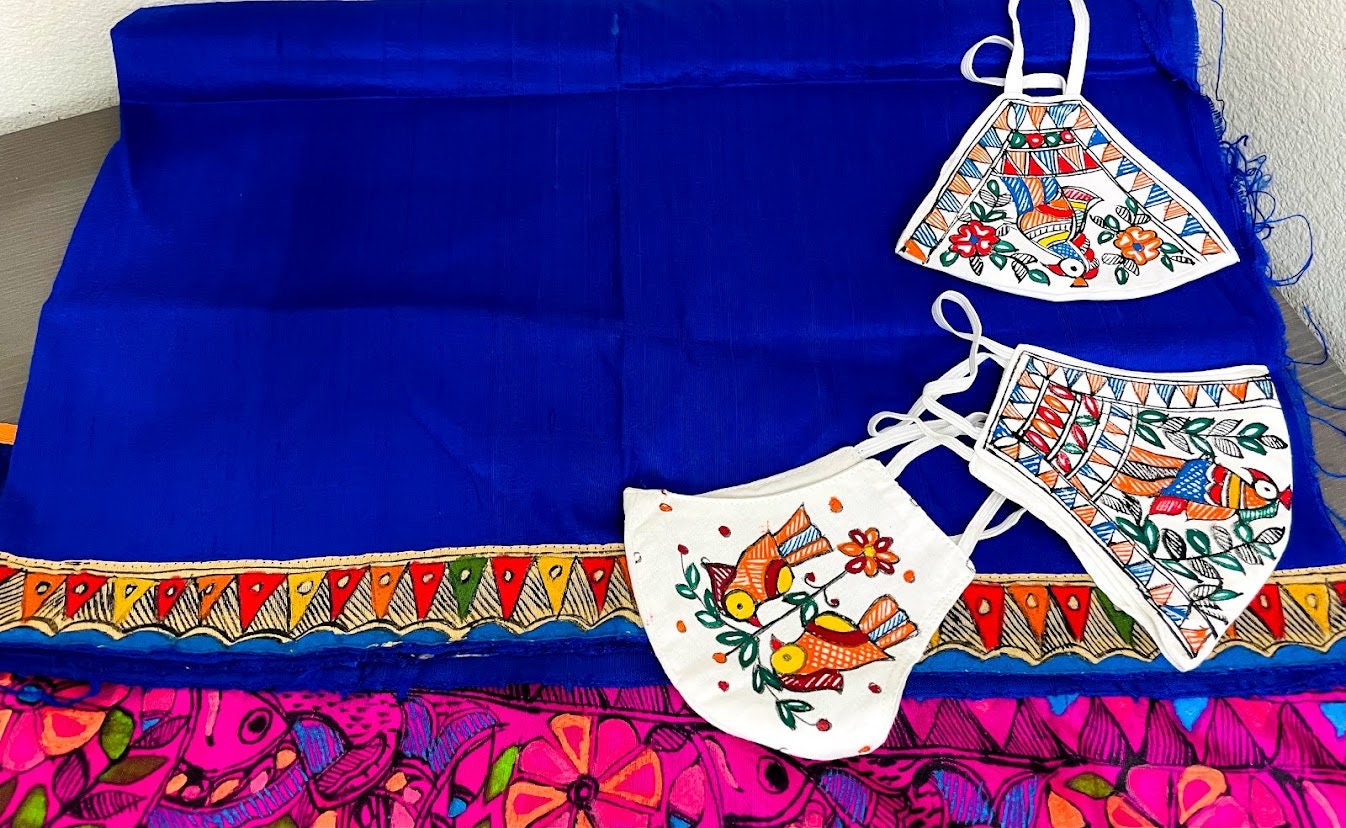 Madhubani saree - handpainted saree with Radha and Kanha and dancing peacocks with open feathers on the pallu - Vibha By Veena