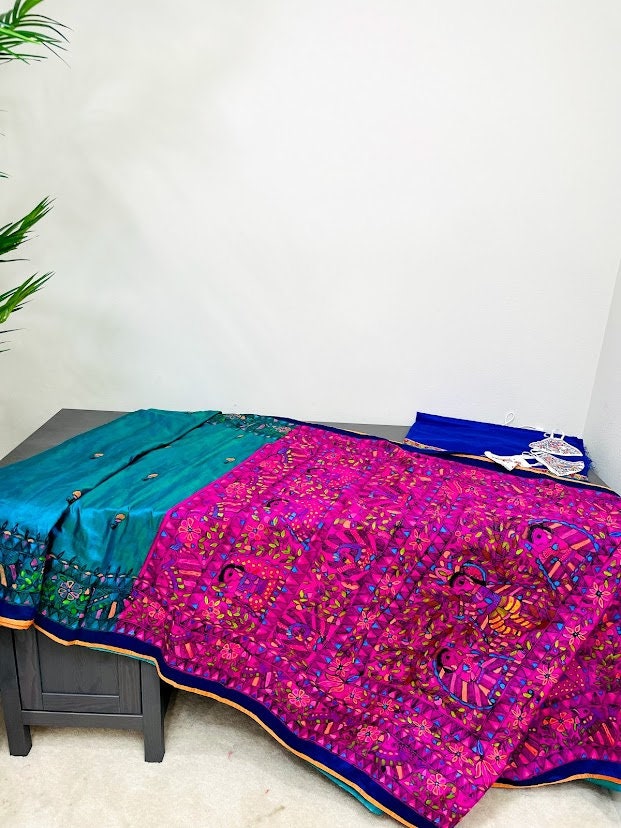 Madhubani saree - handpainted saree with Radha and Kanha and dancing peacocks with open feathers on the pallu - Vibha By Veena