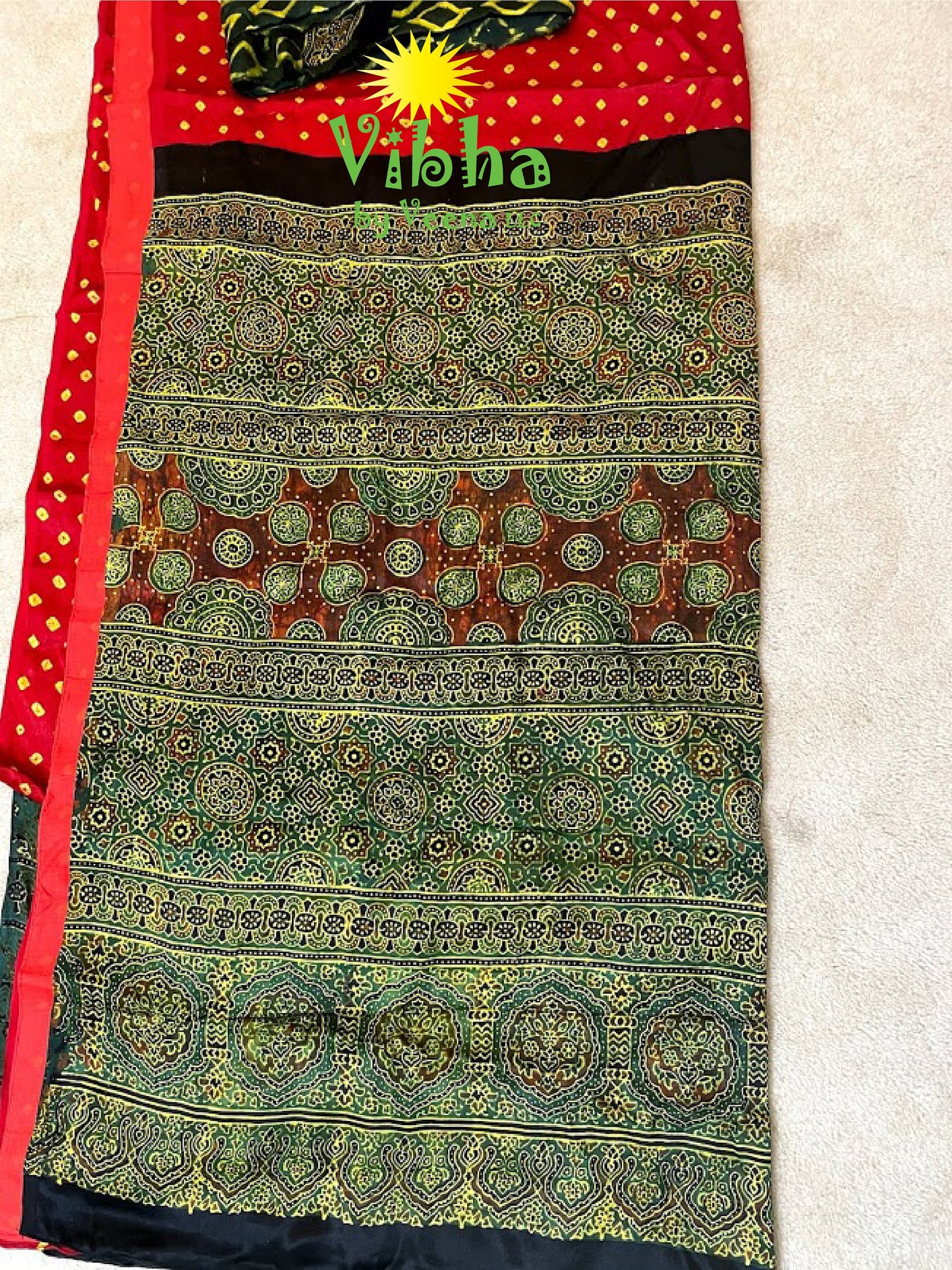 Modal Silk Bandhani Saree with Ajrakh prints on the pallu | modal silk saree| bandhani saree | ajrakh saree | handblock printed saree - Vibha By Veena