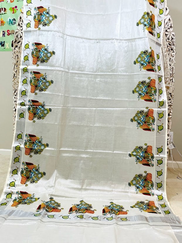Kerala silver tissue saree with Sri Krishna prints from Balaramapuram - Vibha By Veena
