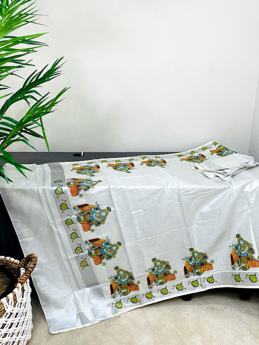 Kerala silver tissue saree with Sri Krishna prints from Balaramapuram - Vibha By Veena