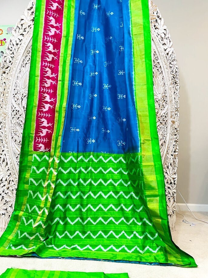 Heirloom Double Ikkat Silk: Handwoven Pochampally Saree with Stag and Geometric Motifs - Vibha By Veena