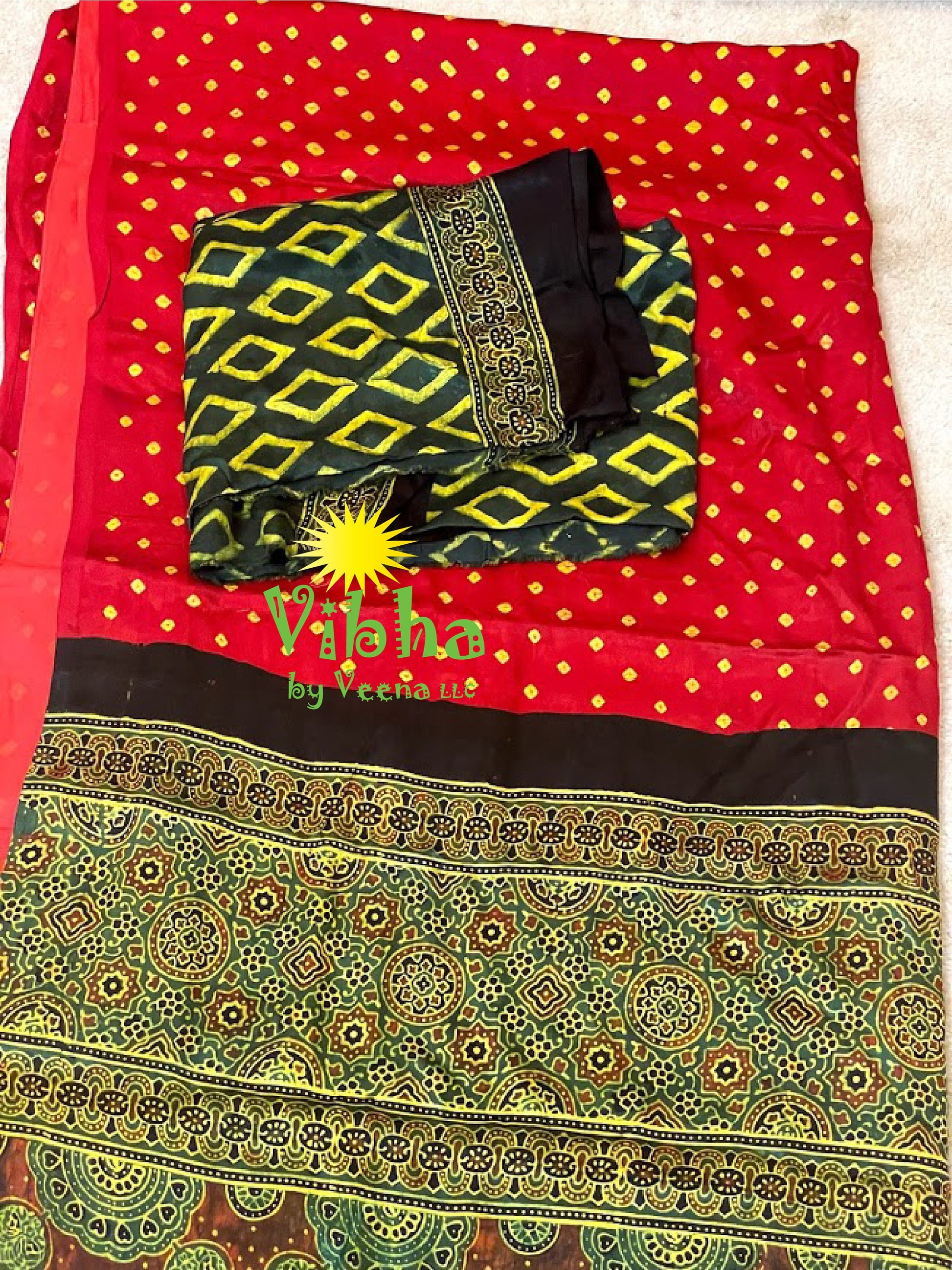 Modal Silk Bandhani Saree with Ajrakh prints on the pallu | modal silk saree| bandhani saree | ajrakh saree | handblock printed saree - Vibha By Veena