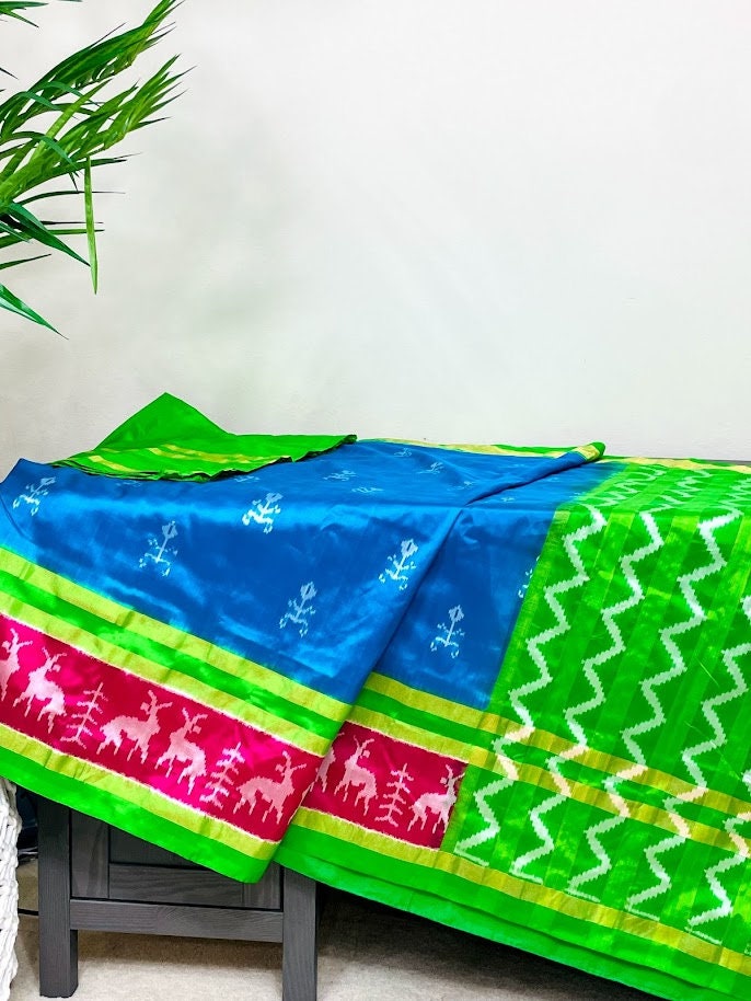 Heirloom Double Ikkat Silk: Handwoven Pochampally Saree with Stag and Geometric Motifs - Vibha By Veena