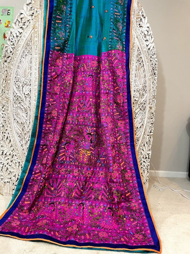 Madhubani saree - handpainted saree with Radha and Kanha and dancing peacocks with open feathers on the pallu - Vibha By Veena