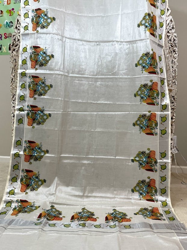 Kerala silver tissue saree with Sri Krishna prints from Balaramapuram - Vibha By Veena