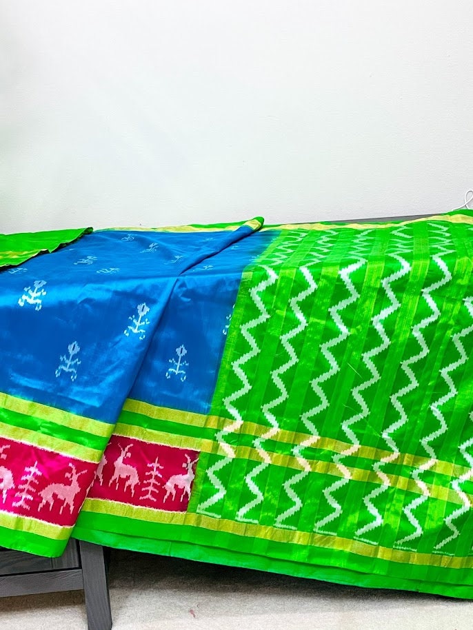 Heirloom Double Ikkat Silk: Handwoven Pochampally Saree with Stag and Geometric Motifs - Vibha By Veena