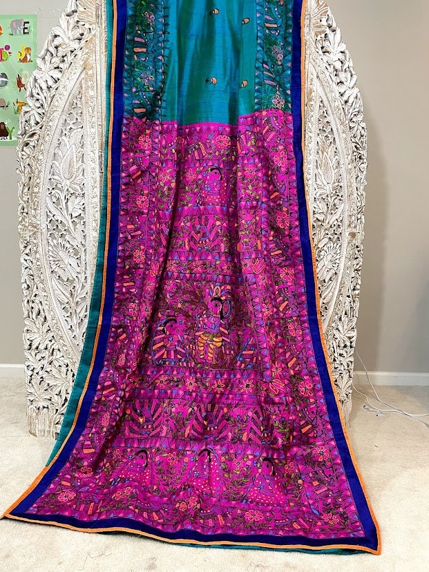 Madhubani saree - handpainted saree with Radha and Kanha and dancing peacocks with open feathers on the pallu - Vibha By Veena