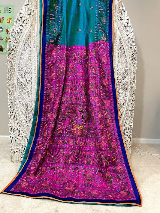 Madhubani saree - handpainted saree with Radha and Kanha and dancing peacocks with open feathers on the pallu - Vibha By Veena