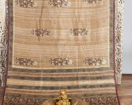 Artisan-Crafted Tussar Silk Saree with Exquisite Gold and Brown Block Prints - Vibha By Veena